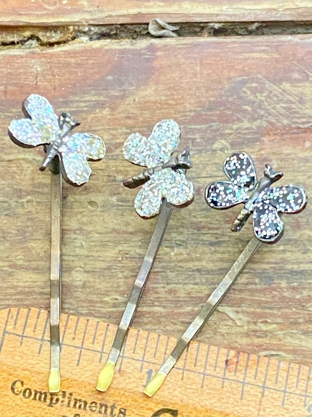 Lot of 3 Fluttering Butterfly Vintage Hair Clips Bobby Pins Barrette Glitter Y2K